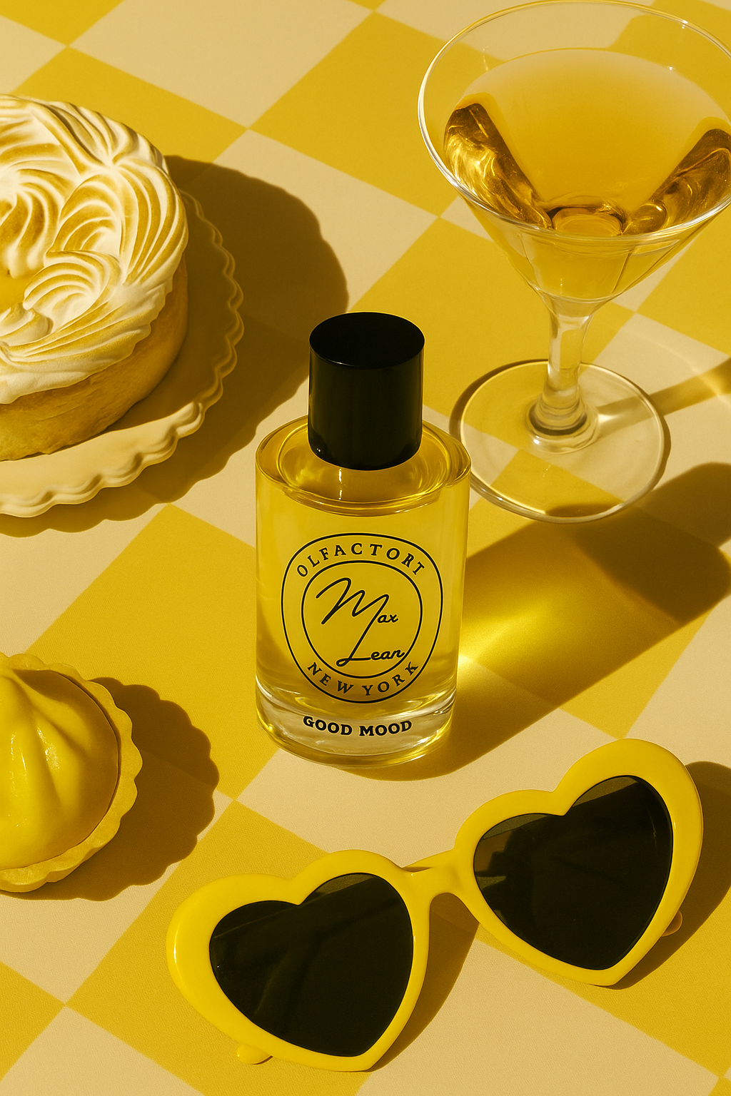 Bottle of Good Mood fragrance laying on a  yellow picnic cloth.